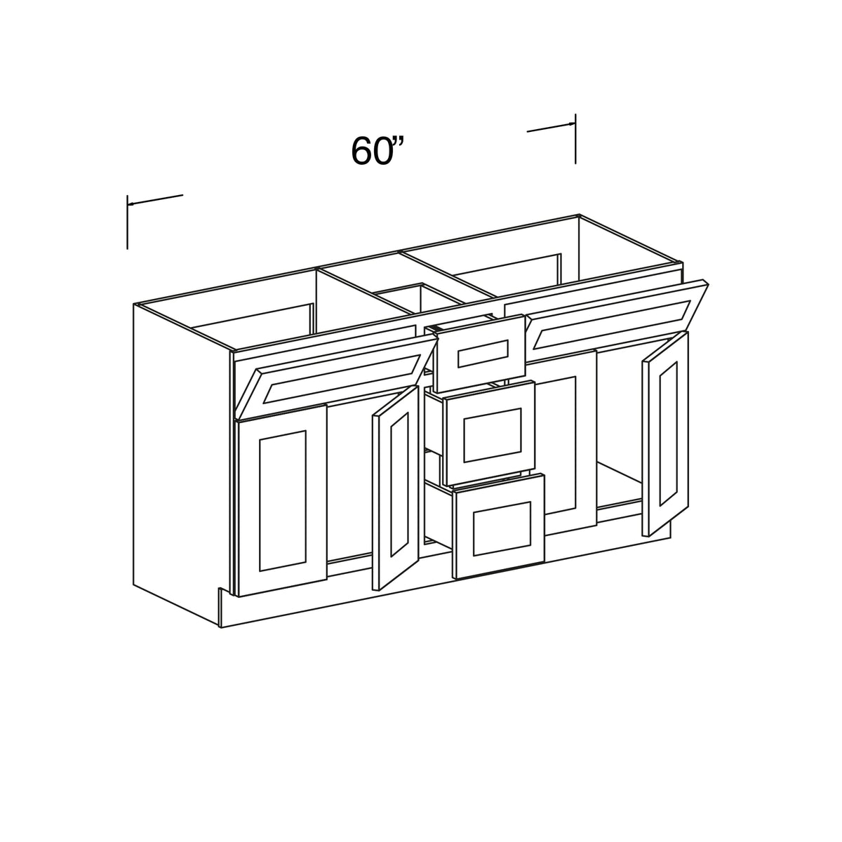 Sink Vanity Cabinet with 2 Tilt-out Drawers, 3 Drawers and 4 Doors 60"W